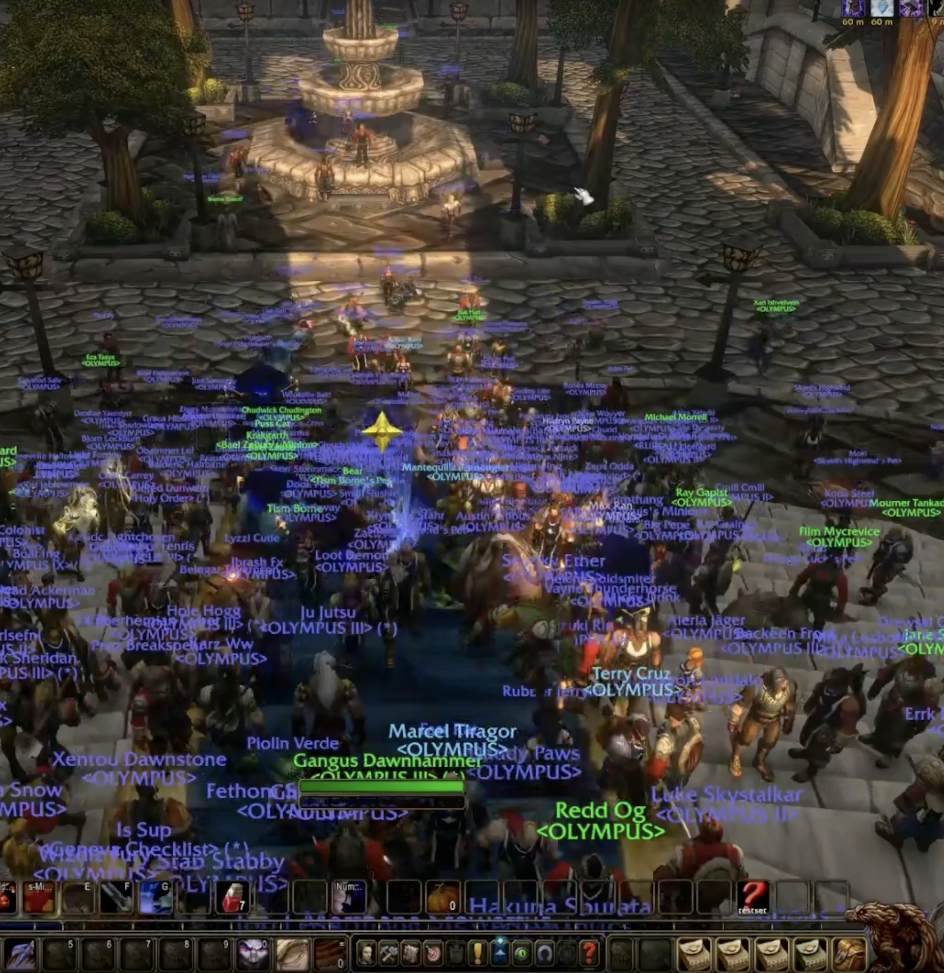 Players from multiple Olympus guilds gathered around the fountain in Stormwind, with their guild tags visible